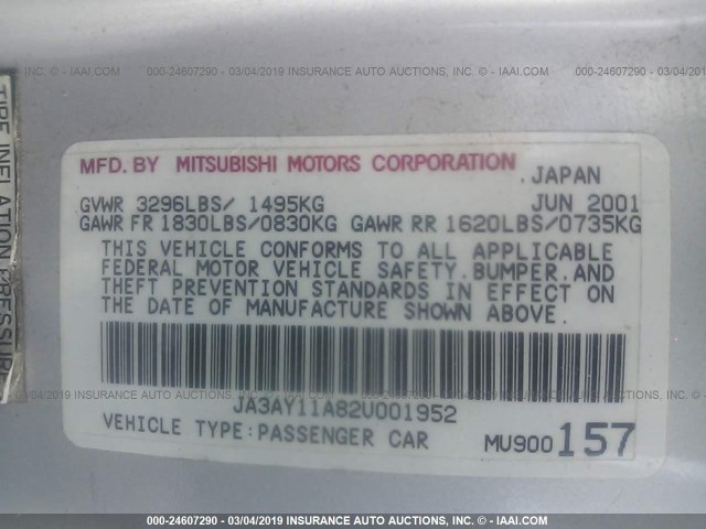 JA3AY11A82U001952 - 2002 MITSUBISHI MIRAGE DE GRAY photo 9