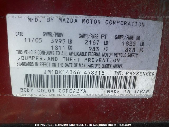 JM1BK143661458318 - 2006 MAZDA 3 HATCHBACK RED photo 9