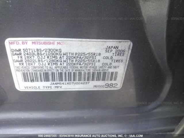 JA4MS41X07U004237 - 2007 MITSUBISHI OUTLANDER XLS GRAY photo 9