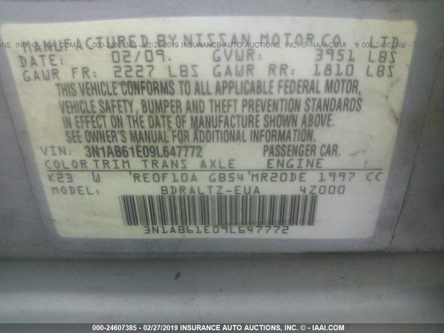 3N1AB61E09L647772 - 2009 NISSAN SENTRA 2.0/2.0S/2.0SL SILVER photo 9