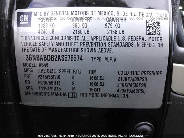 3GNBABDB2AS576574 - 2010 CHEVROLET HHR LT BLACK photo 9