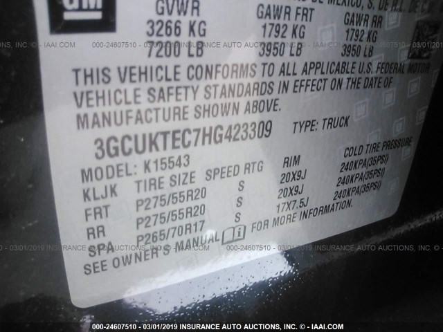 3GCUKTEC7HG423309 - 2017 CHEVROLET SILVERADO K1500 HIGH COUNTRY GRAY photo 9