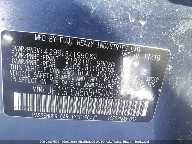 JF1GE6A66BH509588 - 2011 SUBARU IMPREZA 2.5I BLUE photo 9