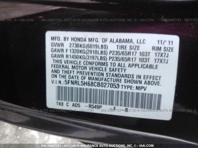 5FNRL5H68CB027053 - 2012 HONDA ODYSSEY EXL BURGUNDY photo 9