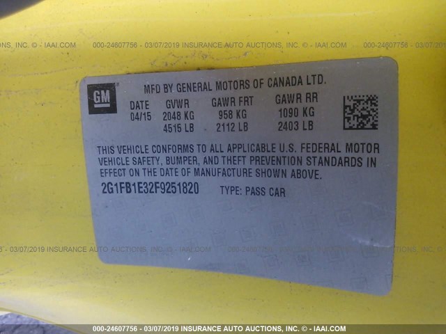 2G1FB1E32F9251820 - 2015 CHEVROLET CAMARO LS YELLOW photo 9