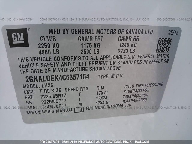 2GNALDEK4C6357164 - 2012 CHEVROLET EQUINOX LT WHITE photo 9