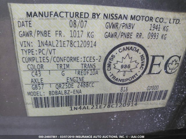 1N4AL21E78C120914 - 2008 NISSAN ALTIMA 2.5/2.5S BEIGE photo 9