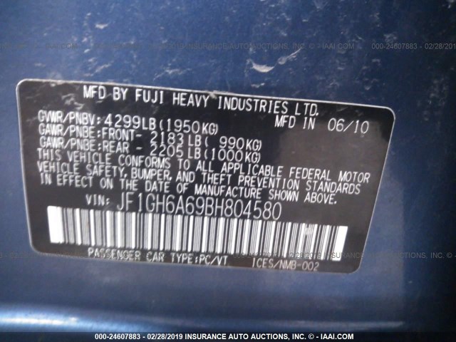 JF1GH6A69BH804580 - 2011 SUBARU IMPREZA 2.5I BLUE photo 9