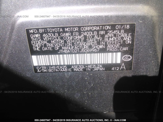 JTHBA1D21J5069967 - 2018 LEXUS IS 300 GRAY photo 9