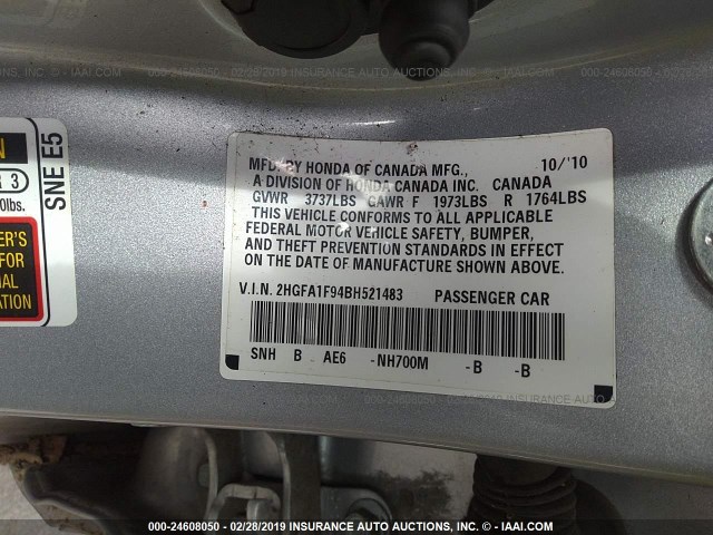 2HGFA1F94BH521483 - 2011 HONDA CIVIC EXL SILVER photo 9