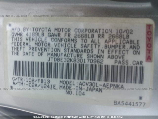 JTDBE32K830170962 - 2003 TOYOTA CAMRY LE/XLE SILVER photo 9