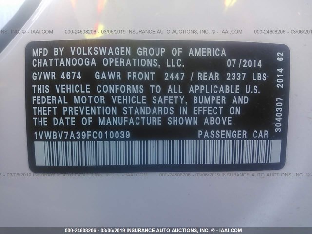 1VWBV7A39FC010039 - 2015 VOLKSWAGEN PASSAT SE WHITE photo 9