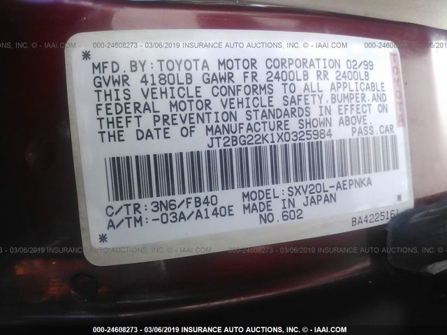 JT2BG22K1X0325984 - 1999 TOYOTA CAMRY LE/XLE MAROON photo 9