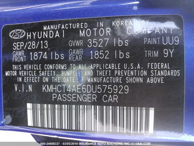 KMHCT4AE6DU575929 - 2013 HYUNDAI ACCENT GLS/GS BLUE photo 9