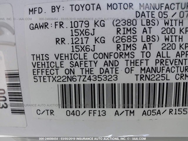 5TETX22N67Z435323 - 2007 TOYOTA TACOMA ACCESS CAB თეთრი ფოტო 9