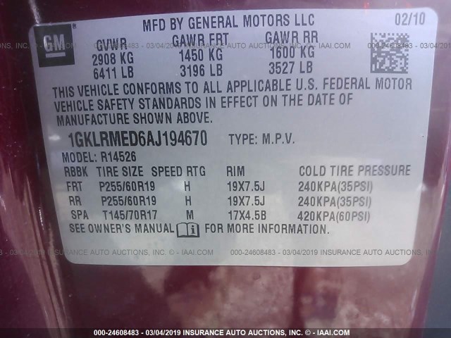 1GKLRMED6AJ194670 - 2010 GMC ACADIA SLT-1 MAROON photo 9