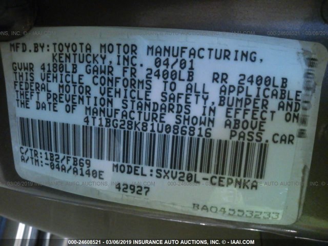 4T1BG28K81U086816 - 2001 TOYOTA CAMRY CE/LE/XLE 香槟色 照片 9