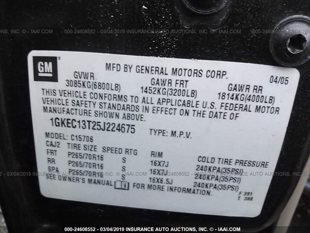 1GKEC13T25J224675 - 2005 GMC YUKON GRAY photo 9