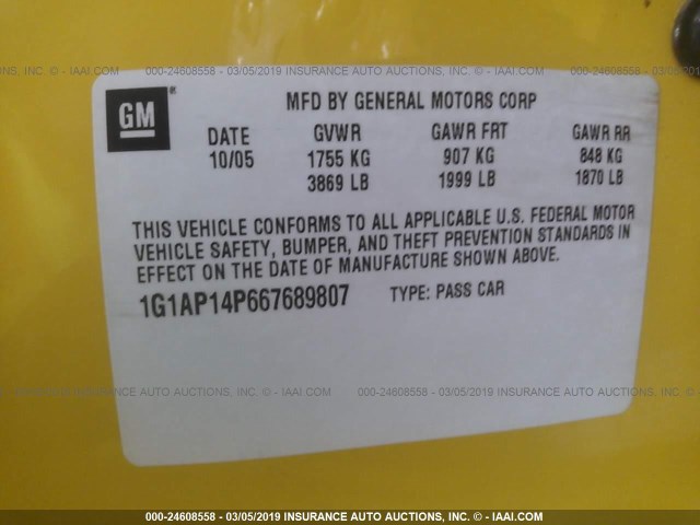 1G1AP14P667689807 - 2006 CHEVROLET COBALT SS SUPERCHARGED YELLOW photo 9