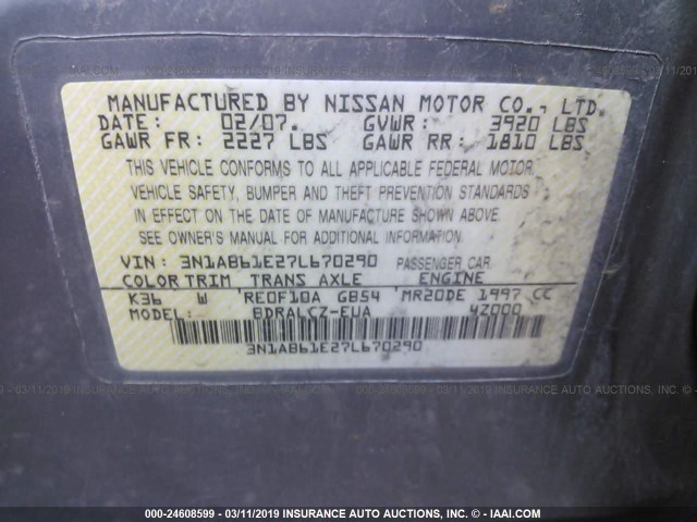 3N1AB61E27L670290 - 2007 NISSAN SENTRA 2.0/2.0S/2.0SL GRAY photo 9