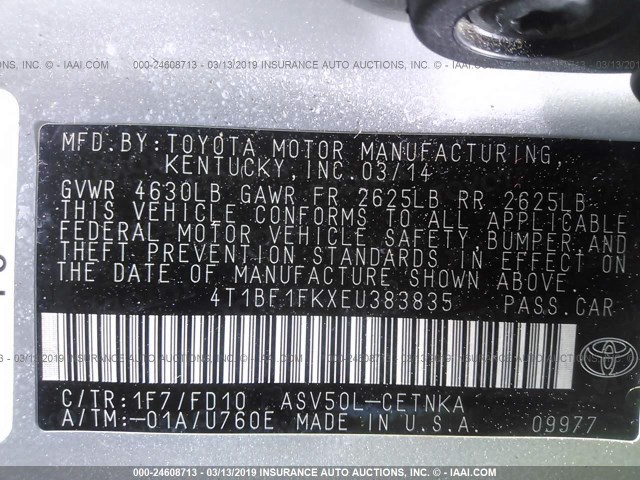 4T1BF1FKXEU383835 - 2014 TOYOTA CAMRY L/SE/LE/XLE 银色 照片 9