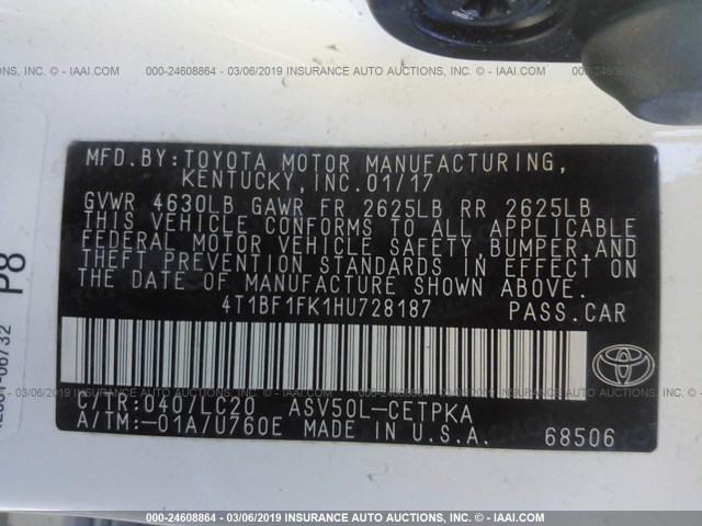 4T1BF1FK1HU728187 - 2017 TOYOTA CAMRY LE/XLE/SE/XSE თეთრი ფოტო 9