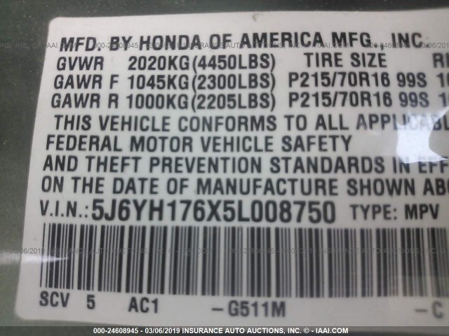 5J6YH176X5L008750 - 2005 HONDA ELEMENT EX GREEN photo 9