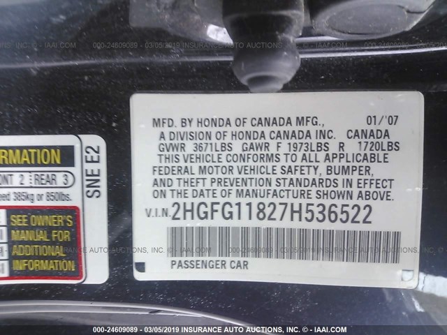 2HGFG11827H536522 - 2007 HONDA CIVIC EX BLACK photo 9