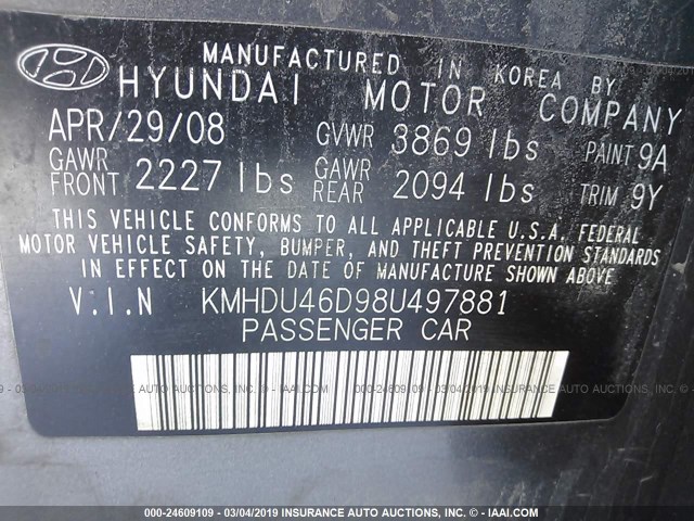 KMHDU46D98U497881 - 2008 HYUNDAI ELANTRA GLS/SE/LIMITED GRAY photo 9