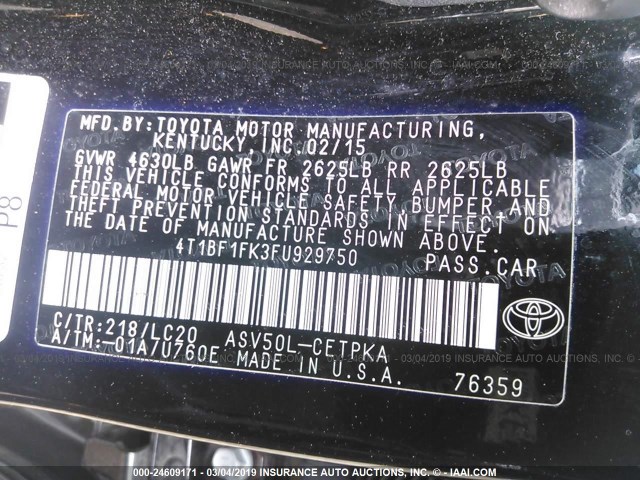 4T1BF1FK3FU929750 - 2015 TOYOTA CAMRY LE/XLE/SE/XSE შავი ფოტო 9