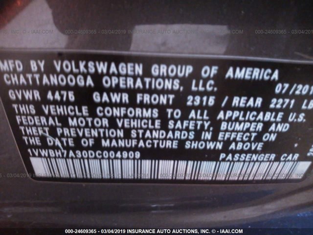 1VWBH7A30DC004909 - 2013 VOLKSWAGEN PASSAT SE GRAY photo 9