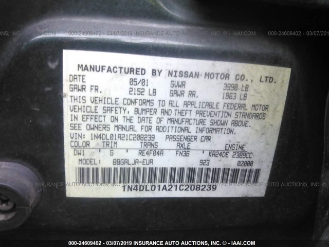 1N4DL01A21C208239 - 2001 NISSAN ALTIMA GXE/GLE/SE GREEN photo 9