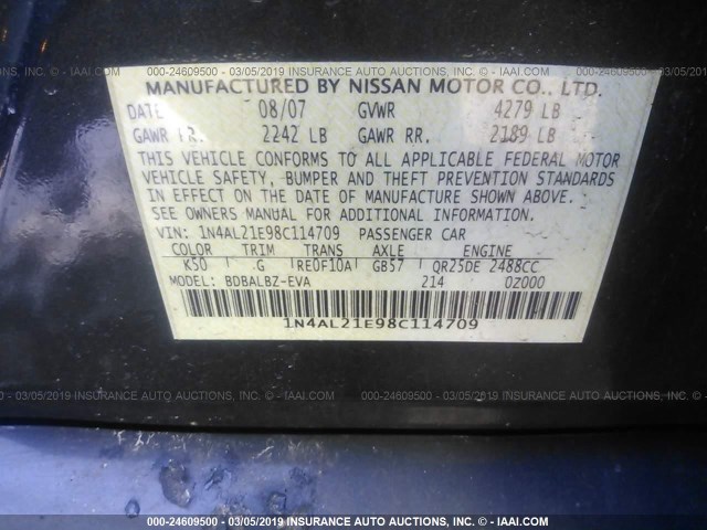 1N4AL21E98C114709 - 2008 NISSAN ALTIMA 2.5/2.5S GRAY photo 9