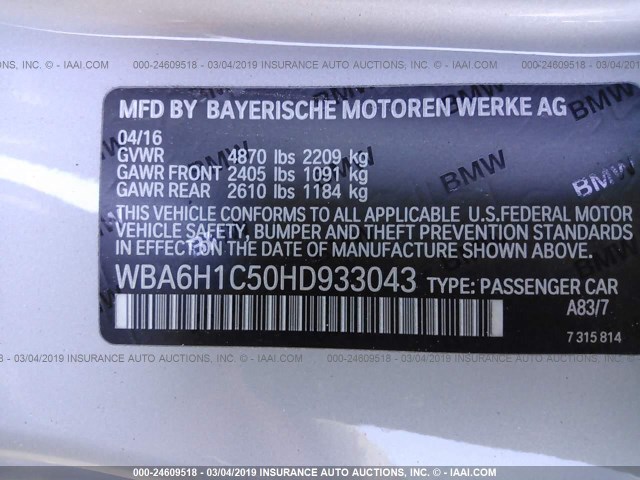 WBA6H1C50HD933043 - 2017 BMW 640 I SILVER photo 9