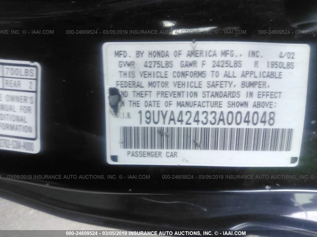 19UYA42433A004048 - 2003 ACURA 3.2CL BLACK photo 9