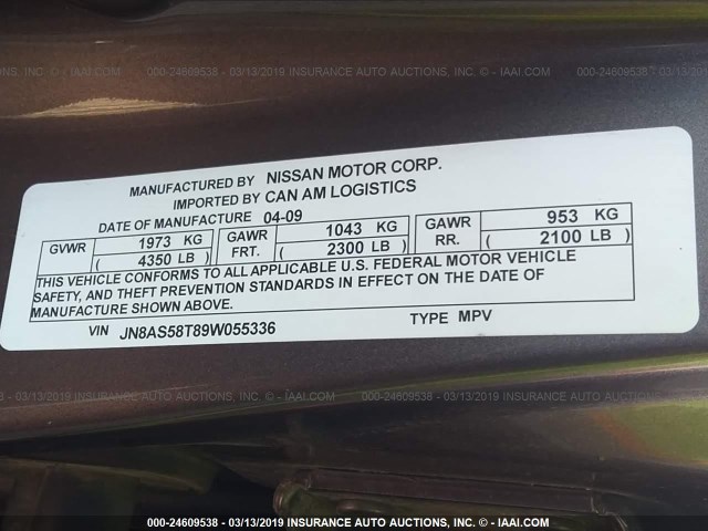 JN8AS58T89W055336 - 2009 NISSAN ROGUE S/SL Gris foto 9