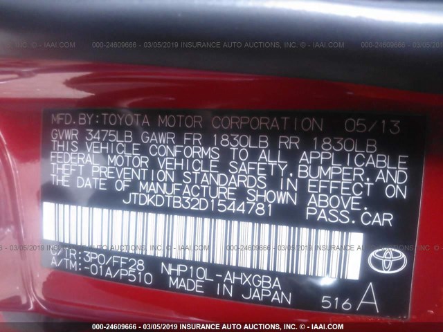 JTDKDTB32D1544781 - 2013 TOYOTA PRIUS C RED photo 9