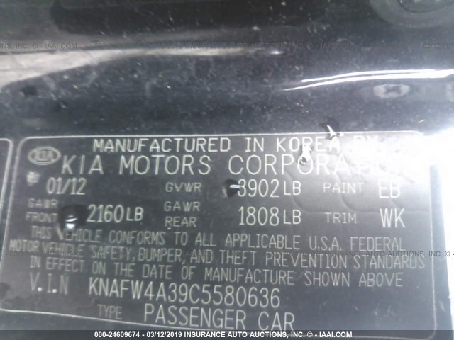 KNAFW4A39C5580636 - 2012 KIA FORTE SX BLACK photo 9