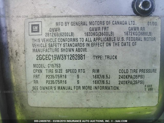 2GCEC19W3Y1262881 - 2000 CHEVROLET SILVERADO C1500 GRAY photo 9