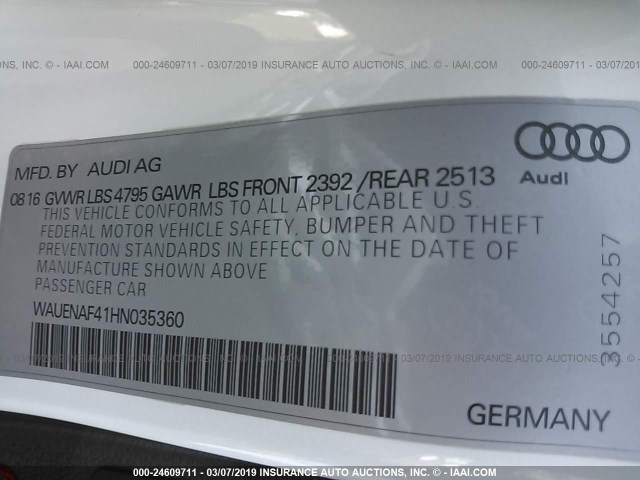 WAUENAF41HN035360 - 2017 AUDI A4 PREMIUM PLUS WHITE photo 9