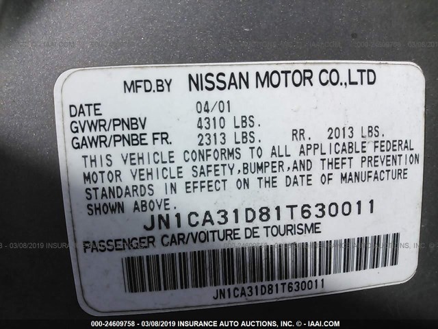 JN1CA31D81T630011 - 2001 NISSAN MAXIMA GXE/SE/GLE/20TH ANNIV GRAY photo 9