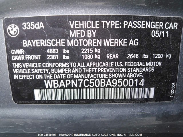 WBAPN7C50BA950014 - 2011 BMW 335 D GRAY photo 9