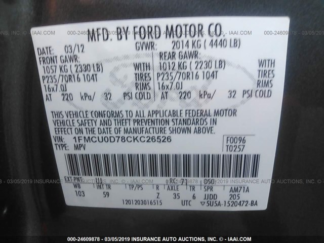 1FMCU0D78CKC26526 - 2012 FORD ESCAPE XLT GRAY photo 9