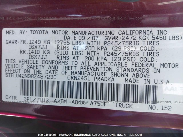 5TELU42N98Z487230 - 2008 TOYOTA TACOMA DOUBLE CAB RED photo 9