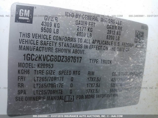 1GC2KVCG8DZ387617 - 2013 CHEVROLET SILVERADO K2500 HEAVY DUTY WHITE photo 9