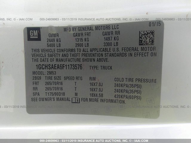 1GCHSAEA6F1173576 - 2015 CHEVROLET COLORADO WHITE photo 9