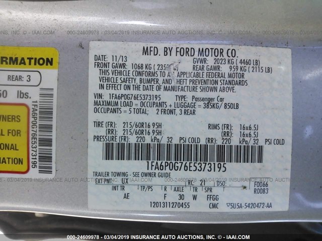 1FA6P0G76E5373195 - 2014 FORD FUSION S SILVER photo 9