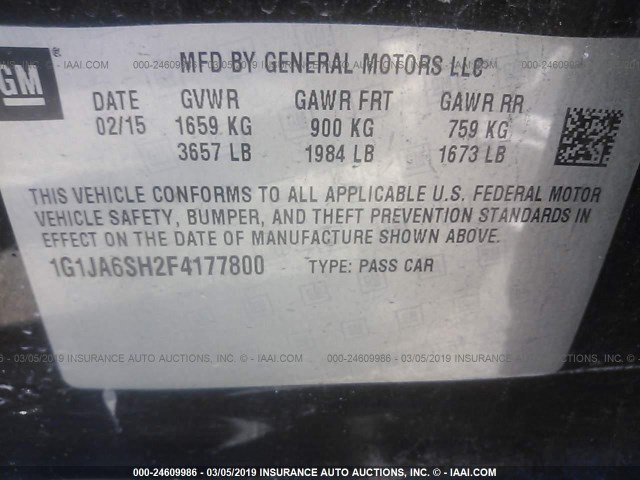 1G1JA6SH2F4177800 - 2015 CHEVROLET SONIC LS შავი ფოტო 9