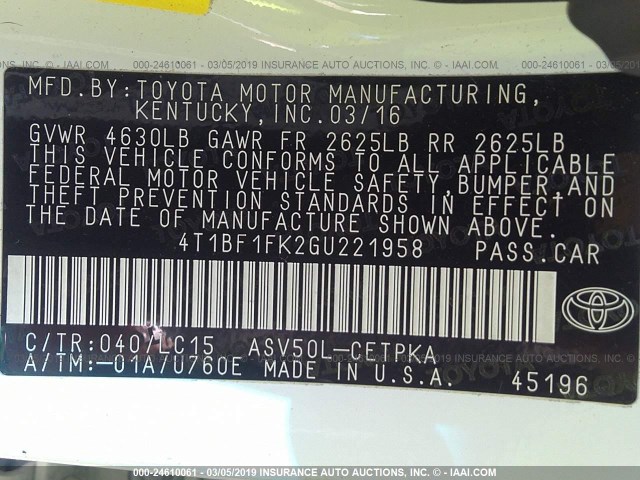 4T1BF1FK2GU221958 - 2016 TOYOTA CAMRY LE/XLE/SE/XSE WHITE photo 9