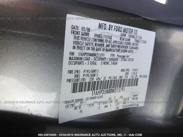 1FAHP35N88W215791 - 2008 FORD FOCUS SE/SEL/SES GRAY photo 9